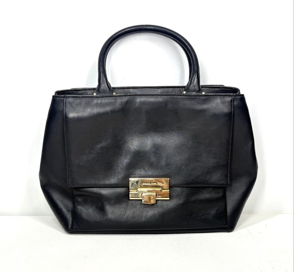 Michael Kors Karlie Black Leather Satchel Gold Hardware Handbag 30S5GCDS3L.